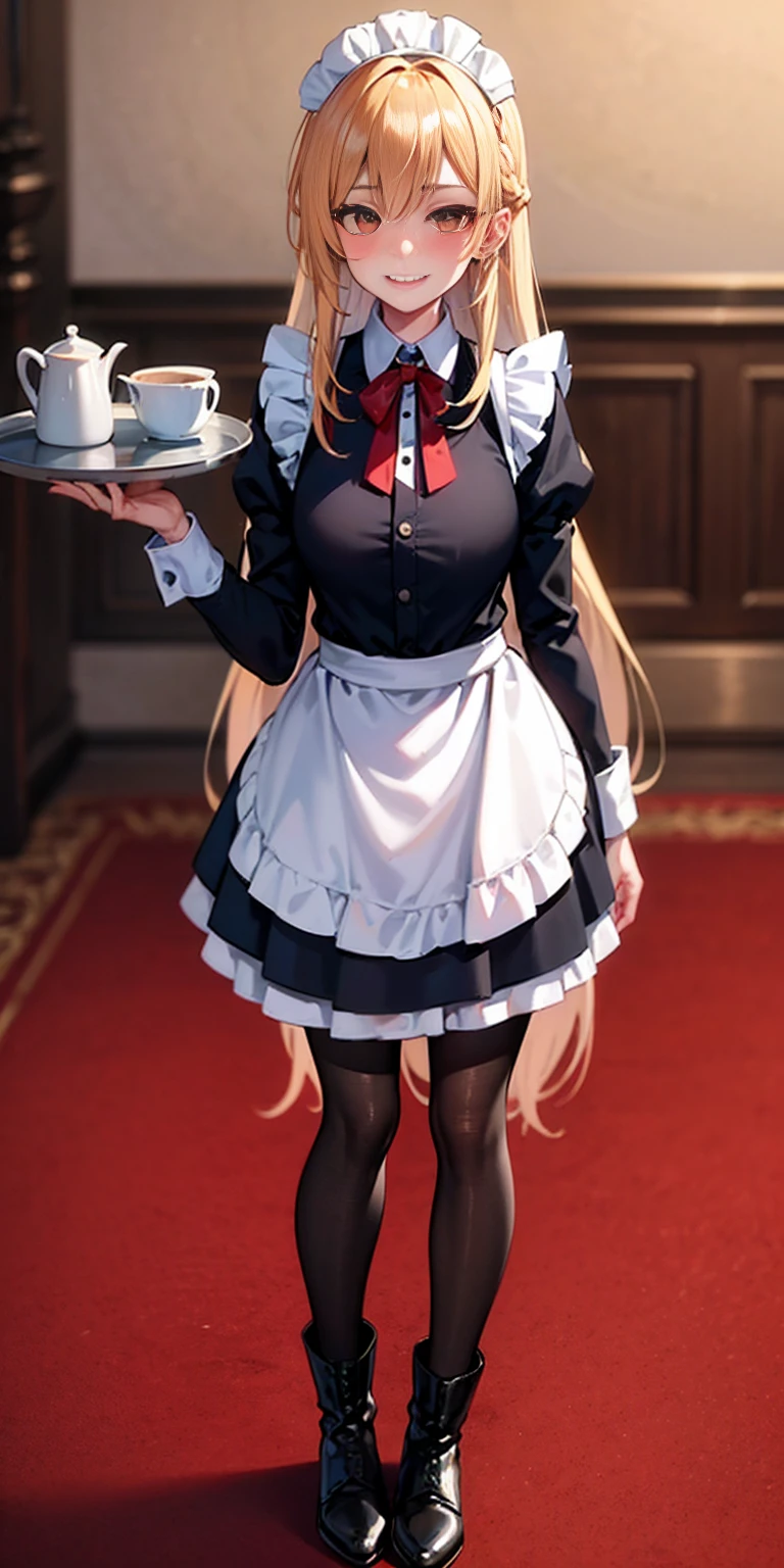 full body standing straight symmetrical, lustful smirking smile face red blush red cheeks, looking at viewer, holding tray, braid, maid headdress, maid, dress, apron, long sleeves, brown pantyhose, long leather militar boots, thighs, long white hair, masterpice