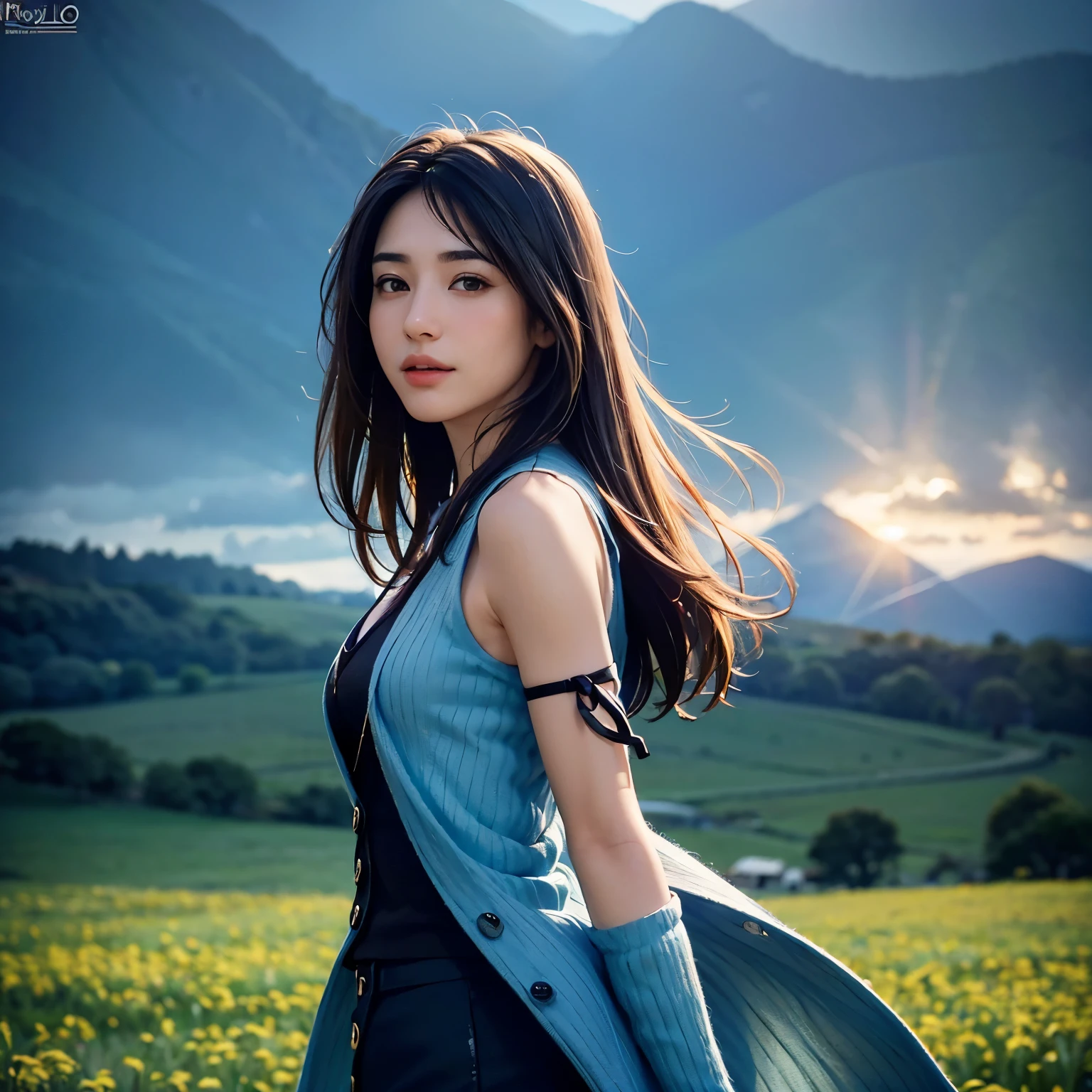 1girl、cinematic lighting, (RAW photo, best quality), (realistic, photo-realistic:1.4), masterpiece, an extremely delicate and beautiful, extremely detailed, 4k wallpaper, Amazing, finely detail, extremely detailed CG unity 8k wallpaper, ultra-detailed, highres, soft light, beautiful detailed girl, (detailed face), extremely detailed face, extremely detailed eyes and face, beautiful detailed nose, beautiful detailed eyes, perfect anatomy, slender body, look at viewer, dynamic,rinoa, arm warmers, sleeveless coat, black shirt, blue skirt, arm ribbon, upper body, from side, looking at viewer, smile, clouds, in midair,cowboy shot,A field of flowers