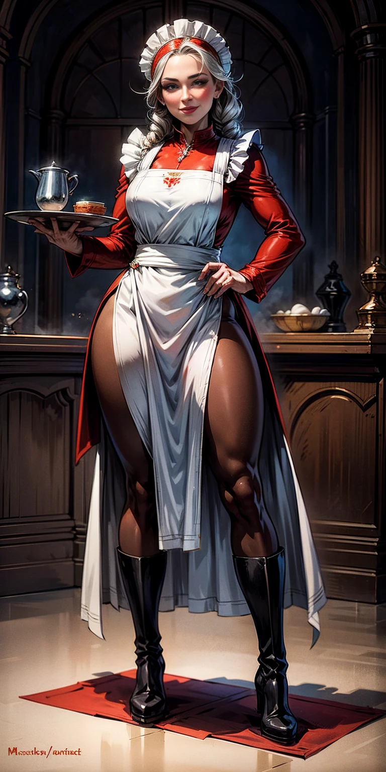 full body standing straight symmetrical, lustful smirking smile face red blush red cheeks, looking at viewer, holding tray, braid, maid headdress, maid, dress, apron, long sleeves, brown pantyhose, long leather militar boots, thighs, long white hair, masterpice