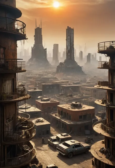 image of the view from inside the balcony of a tall circular tower in the center of a post-apocalyptic North American megalopoli...