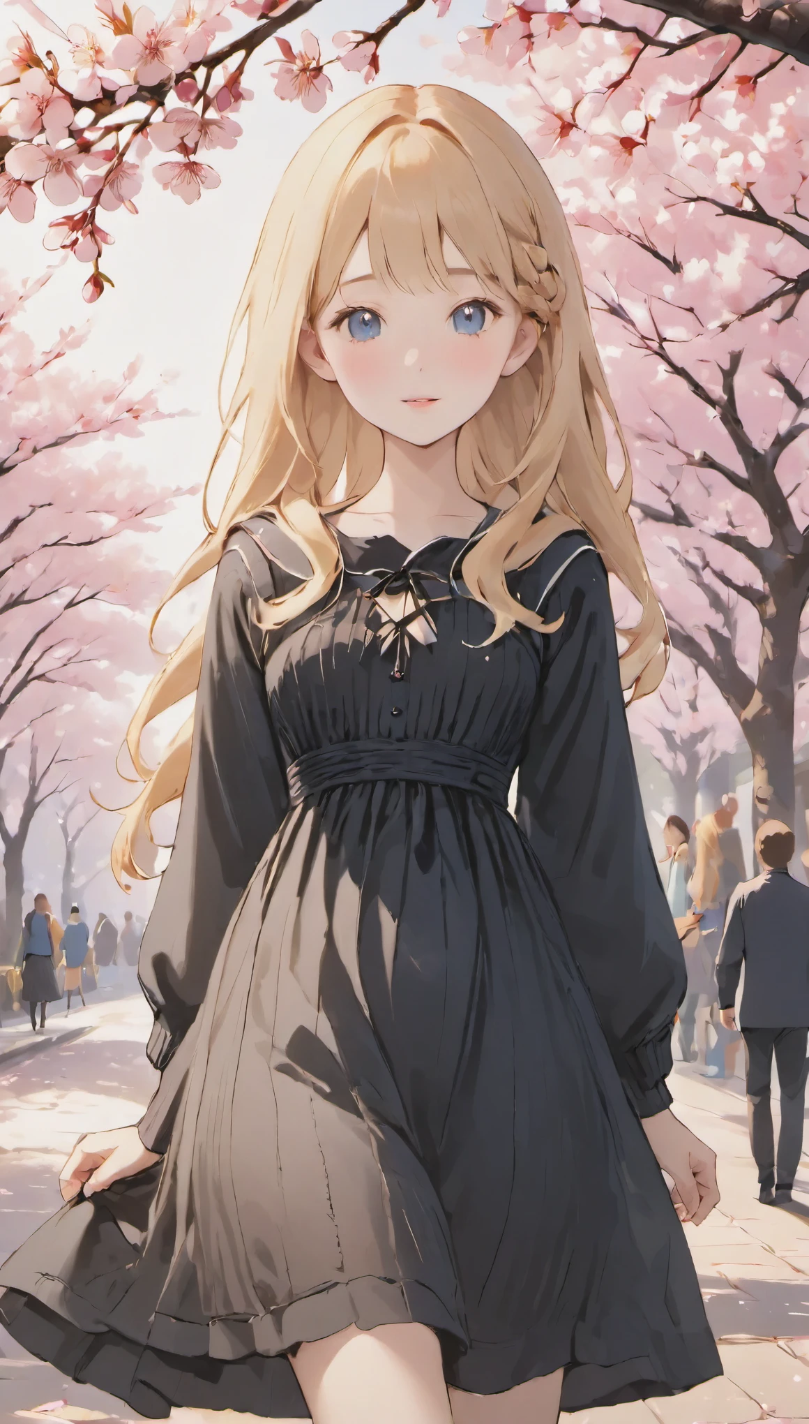 one girl、Characteristic hairstyle、blonde hair、(((An ennui look)))、small eyes、plump lips、(((１６talent)))、(knit dress、black tight dress:1.5)、outdoor、midsummer sunshine、summer park、cherry blossoms、Someiyoshino cherry blossoms、highest quality、ultra high resolution、Super detailed、masterpiece:1.5、８ｋ、movie section、perfect anatomy、cinematic lighting、50ｍｍPhotographed with a lens、professional photographer、