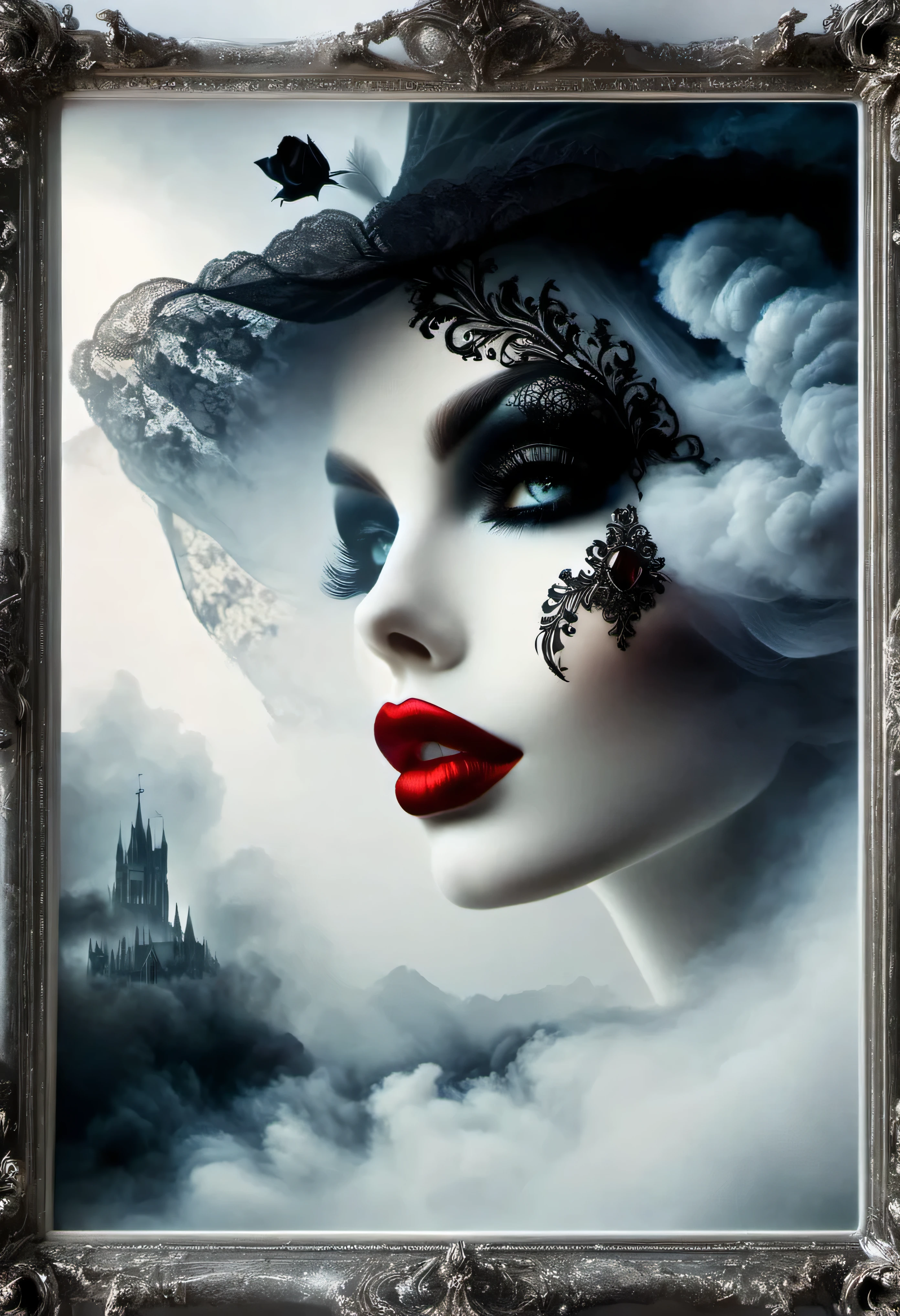 Gothic art，Dream，（Just one stunning close-up of the face），Gothic makeup，Red lips only, White smoke floating around，The entire edge of the image is framed in an elegant gothic style frame，Lots of empty space