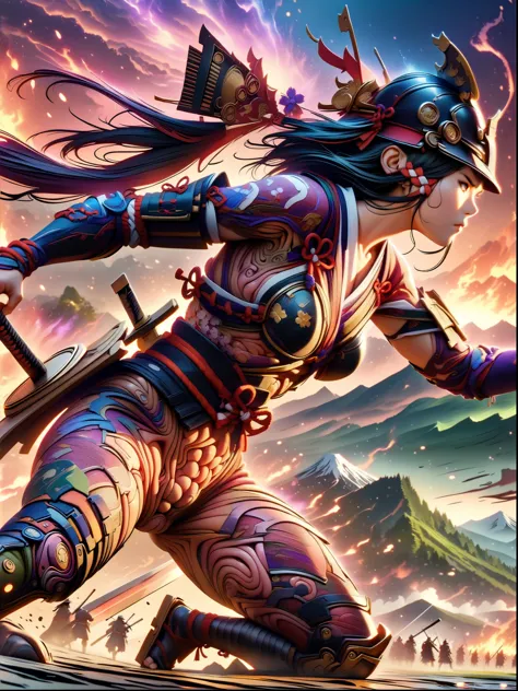 ((japanese samurai:1.5)，female warrior，battlefield，dynamic poses，long sword，armor，burning sky，mountain background，Amazing visual...