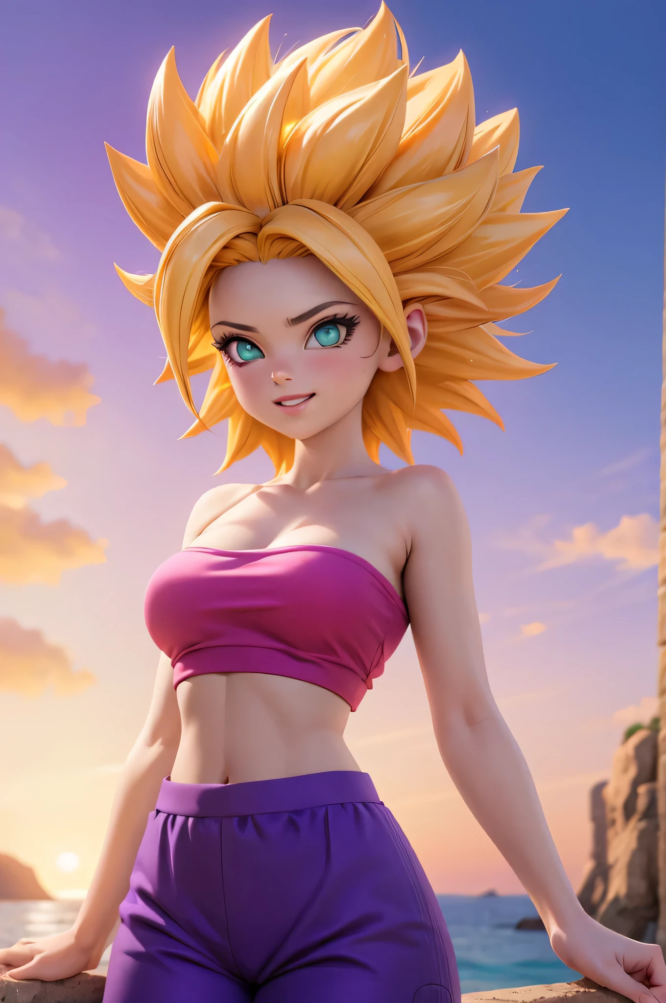 work of art, best qualityer, ssjcaulifla, White hair, water eyes, top of the tube, 8k, (purple pants with yellow stripe:1.2), clamps, cowboy shot, looking at the sky , ssmile, furled brow, Doing OK with your hand, Red Sky, black clouds, Use Very Little, perfect vargina