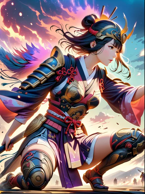 ((Japan Female Samurai)，battlefield，dynamic poses，long sword，armor，burning sky，mountain background，Crazy details，intricate detai...