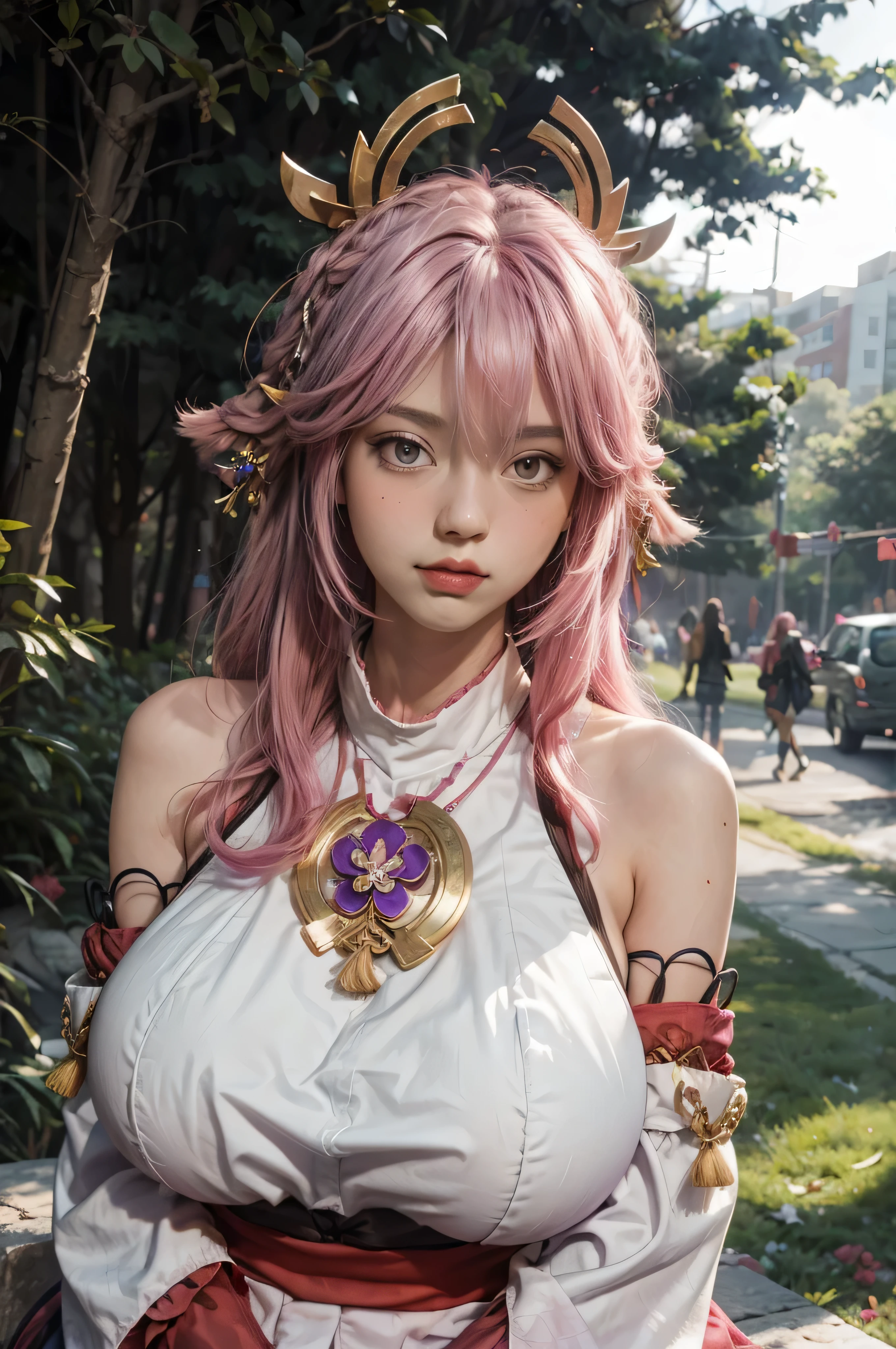 yae_miko, 1girl, pink hair, purple eyes, long hair, fox ears, earrings, (large breasts:1.5),(gigantic breasts:1.5), hair ornament, jewelry on the chest, yae miko's clothes, bare shoulders, detached sleeves, standing, upper body, outdoors, park, flowers, lawn, trees, sunshine, from side,