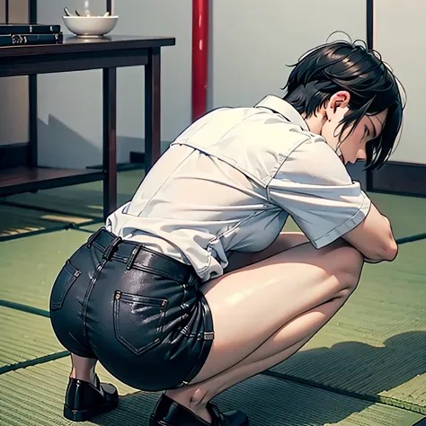 ((from behind, back focus)),(1man,japanese,30s,very short black hair),solo,(white shirt,dark blue shorts),(squatting down on the...