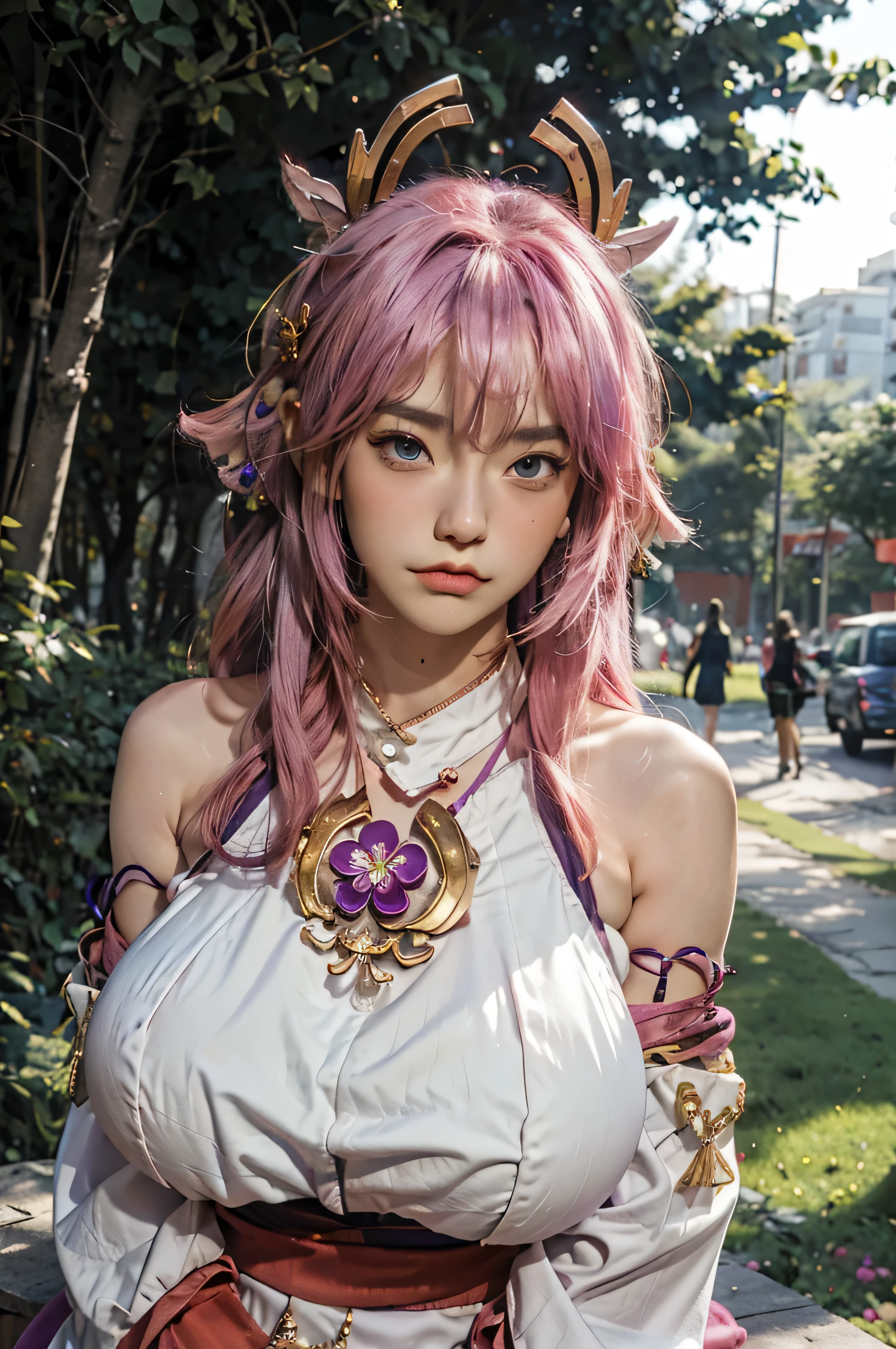 yae_miko, 1girl, pink hair, purple eyes, long hair, fox ears, earrings, (large breasts:1.5),(gigantic breasts:1.5), hair ornament, jewelry on the chest, yae miko's clothes, bare shoulders, detached sleeves, standing, upper body, outdoors, park, flowers, lawn, trees, sunshine, from side,