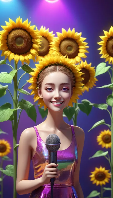 （role conception）， (5 lovely sunflowers，Wearing different colored clothes，stand in front of a microphone and sing,），Holographic ...