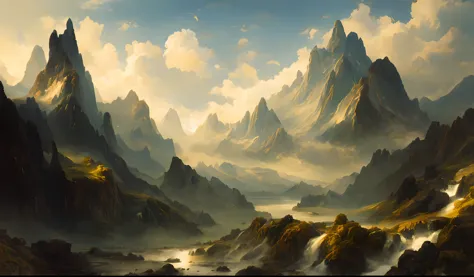 烏雲背景的mountain view照片，there is a lake、mountains and beaches, many waterfalls, inspire by thomas moran, mountain view, fog mountai...