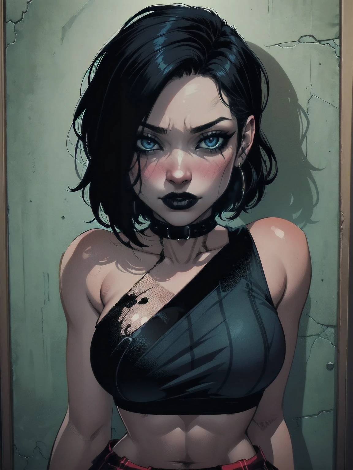 a woman with short black hair, hair on shoulders,  wearing a black cropped  and plaid skirt, blue eyes, zombie art, gothic art, cute aesthetic with vibe, toon aesthetic, wearing red costume, wearing gothic accessories, look like Cassie Hack, upper body, portrait, with your best friend Vlad, dark background