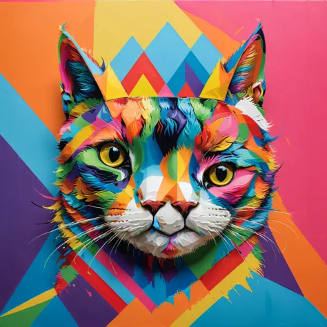 diy11，a crowned cat in a modern and pop art style, with geometric twists and rainbow hues seamlessly incorporated into the desig...