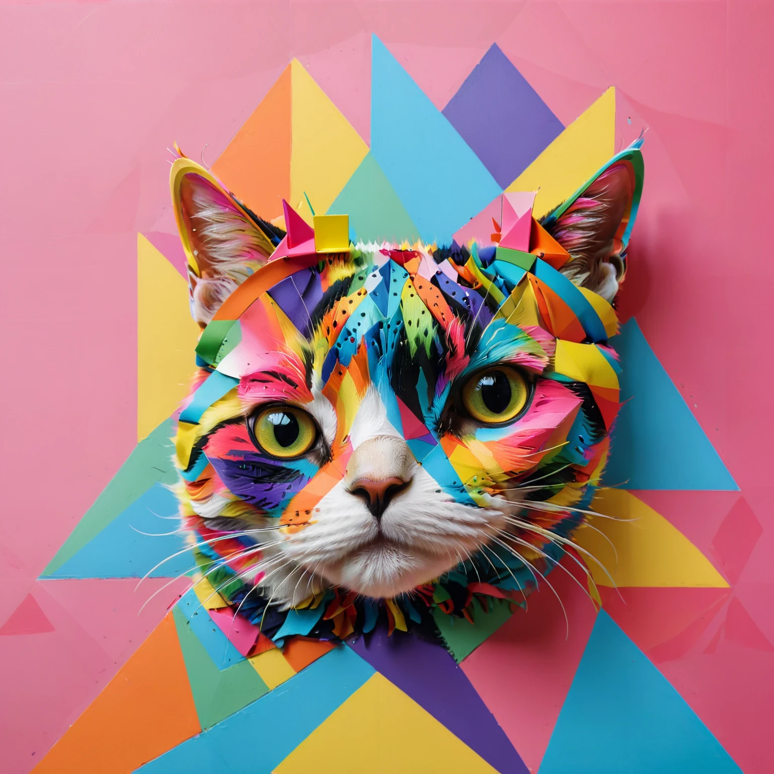 diy11，a crowned cat in a modern and pop art style, with geometric twists and rainbow hues seamlessly incorporated into the design
