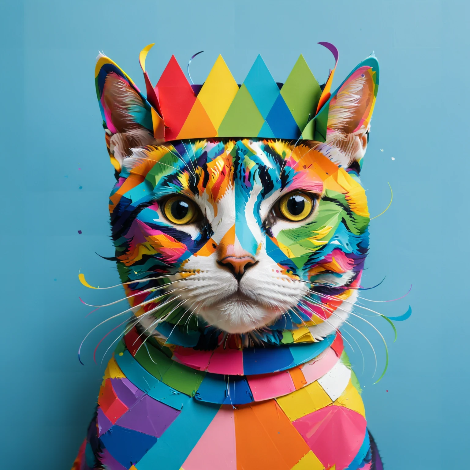 diy11，a crowned cat in a modern and pop art style, with geometric twists and rainbow hues seamlessly incorporated into the design
