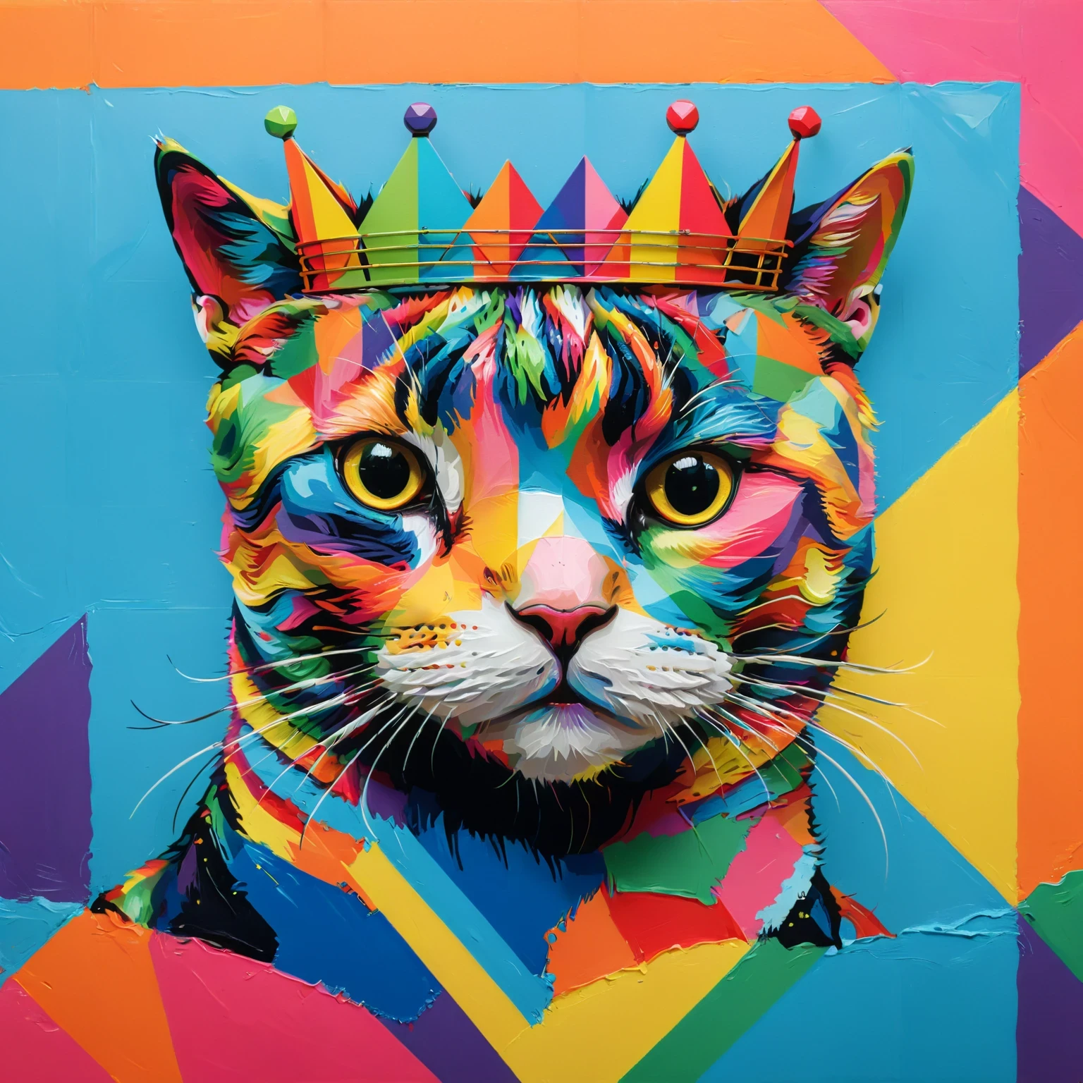 diy11，a crowned cat in a modern and pop art style, with geometric twists and rainbow hues seamlessly incorporated into the design
