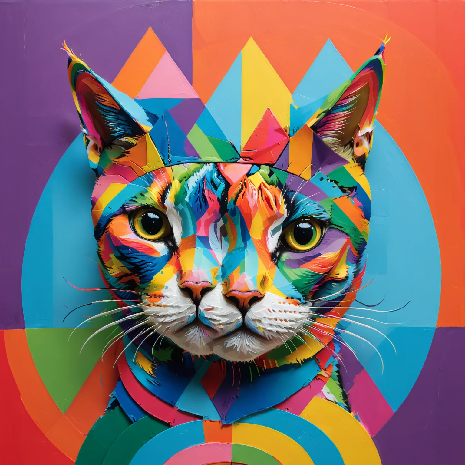 diy11，a crowned cat in a modern and pop art style, with geometric twists and rainbow hues seamlessly incorporated into the design
