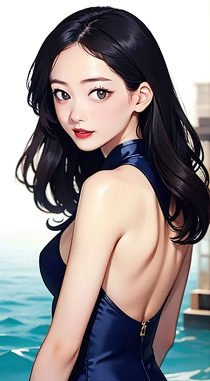 [(white background:1.5)::5], 1 girl,Upper body,robber girl,blue cheongsam,blue chinese clothes,(highest quality:1.4),(shiny skin...