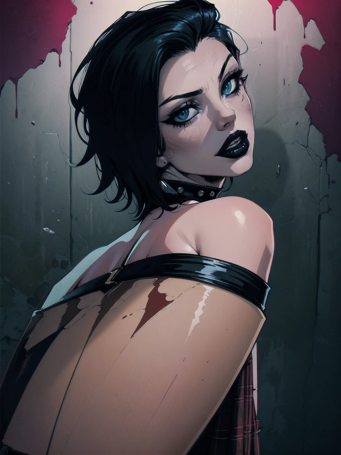 a woman with short black hair, hair on shoulders,  wearing a black cropped  and plaid skirt, blue eyes, zombie art, gothic art, cute aesthetic with vibe, toon aesthetic, wearing red costume, wearing gothic accessories, look like Cassie Hack, upper body, portrait, with your best friend Vlad, dark background, backwards, looking back