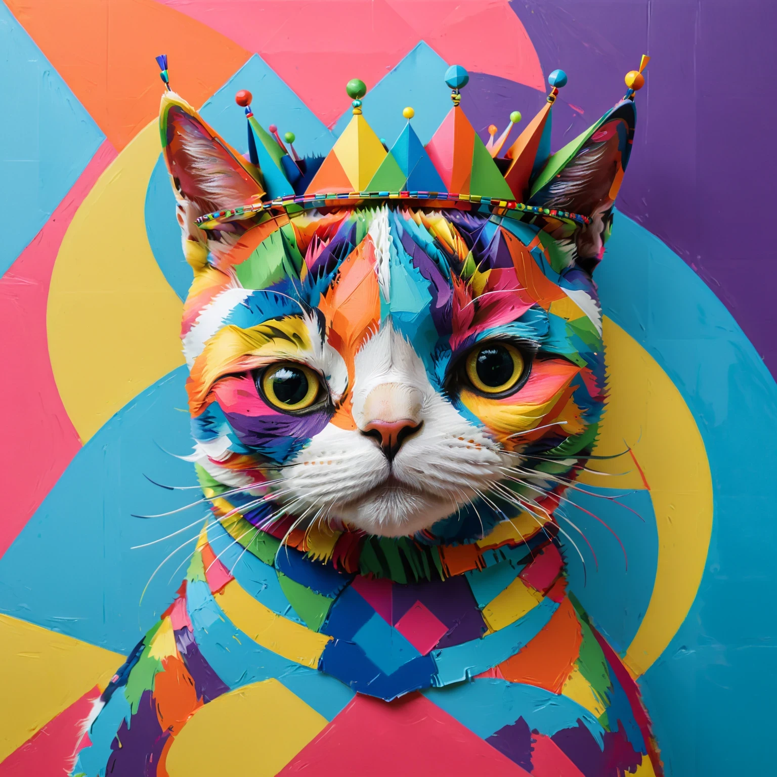 diy11，a crowned cat in a modern and pop art style, with geometric twists and rainbow hues seamlessly incorporated into the design
