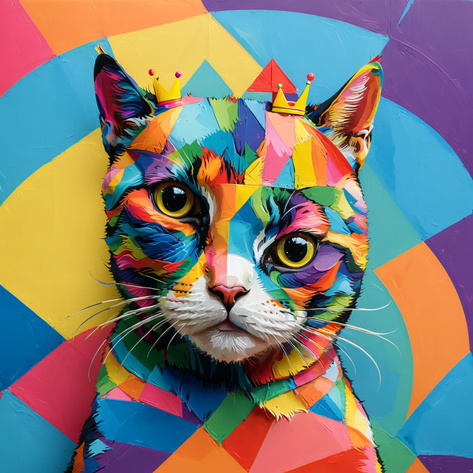 diy11，a crowned cat in a modern and pop art style, with geometric twists and rainbow hues seamlessly incorporated into the design
