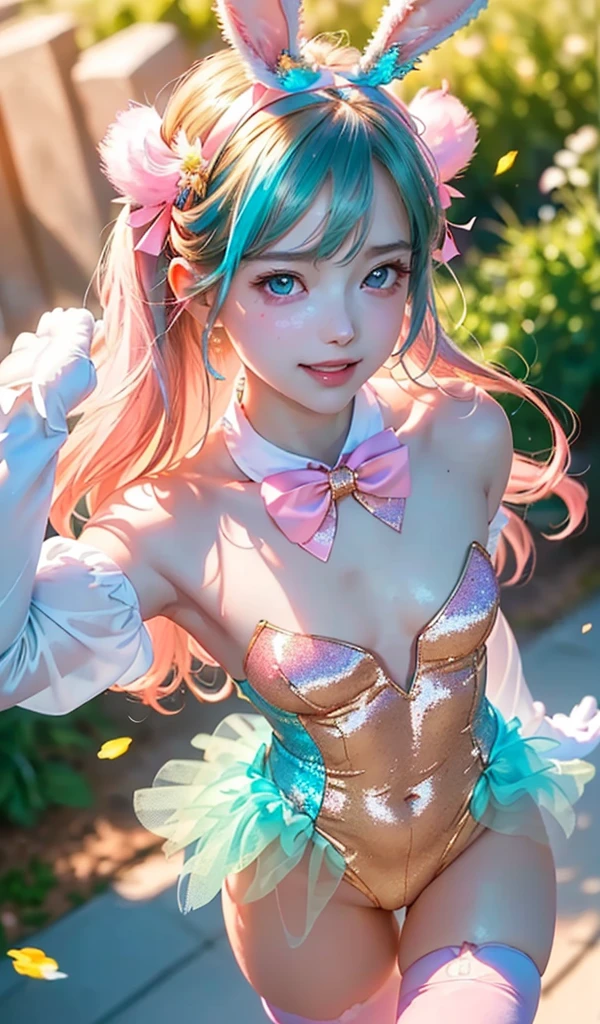 masterpiece, best quality, extremely detailed CG unity 8k wallpaper, (Upper Body head close-up shot of a beautiful little girl), Wendy, Elegant Long straight blonde hair, (Mckenna Grace), ((flat chest,thighs)), ((pink-Cyan)) golden ((Glittering tutu,long Bunny Ear Headgear, glove, Bow-tie, zettai ryouiki)), ((from above)), (Blush), oil skin, (seductive smile), (Wonderland), pretty face, key art, award winning, intricate detail realism hdr, by (ruan jia and artgerm and range murata), Photorealism, Hyperrealism, ultra realistic, dramatic light, intense shadows, gorgeous view, depth of field
 
