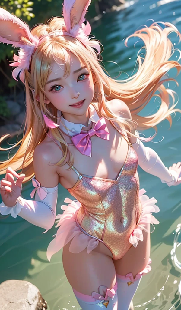 masterpiece, best quality, extremely detailed CG unity 8k wallpaper, (Upper Body head close-up shot of a beautiful little girl), Wendy, Elegant Long straight blonde hair, (Mckenna Grace), ((flat chest,thighs)), ((pink-Cyan)) golden ((Glittering tutu,long Bunny Ear Headgear, glove, Bow-tie, zettai ryouiki)), ((from above)), (Blush), oil skin, (seductive smile), (Wonderland), pretty face, key art, award winning, intricate detail realism hdr, by (ruan jia and artgerm and range murata), Photorealism, Hyperrealism, ultra realistic, dramatic light, intense shadows, gorgeous view, depth of field
 
