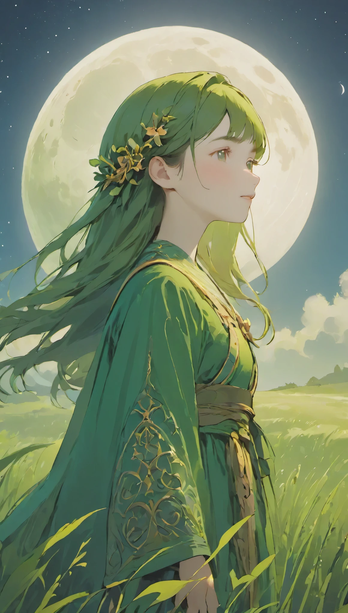 (((shyly))),,greenのマント,simple background，moon，breath of life，green，grassland，breath of life，intricate facial details, detailed face, golden ratio face, small face, Full body Esbian, K UHD, hyper hd, high dynamic range, Gentle yet powerful divinity，There is a sense of dignity.