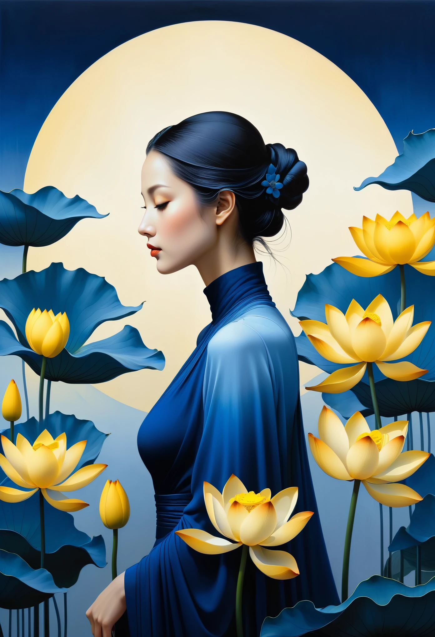  The background features an elegant female figure in profile wearing blue gradient .  She is surrounded by large yellow lotus flowers, creating a surreal atmosphere.  Inspired by concept artist Moebius, the colors have strong contrast between light gray and dark navy blue, creating a sense of mystery.