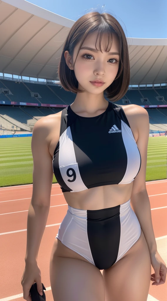 8K,Full body Esbian、standing、(((start running:1)))、warping the chest、detailed face、detailed eye、detailed mouth、beautiful maid, 20-year-old,( big breasts:1.2),  brown haired、bob cut, black sportswear,High leg(1.7), small haircut, facial realism、Mole around the mouth、troubled face、I&#39;m at the track and field stadium、shot from the side