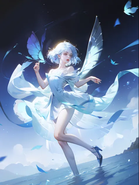 1 girl，clear water，blue butterfly，pure white gauze skirt，sparkling，dancing in the air