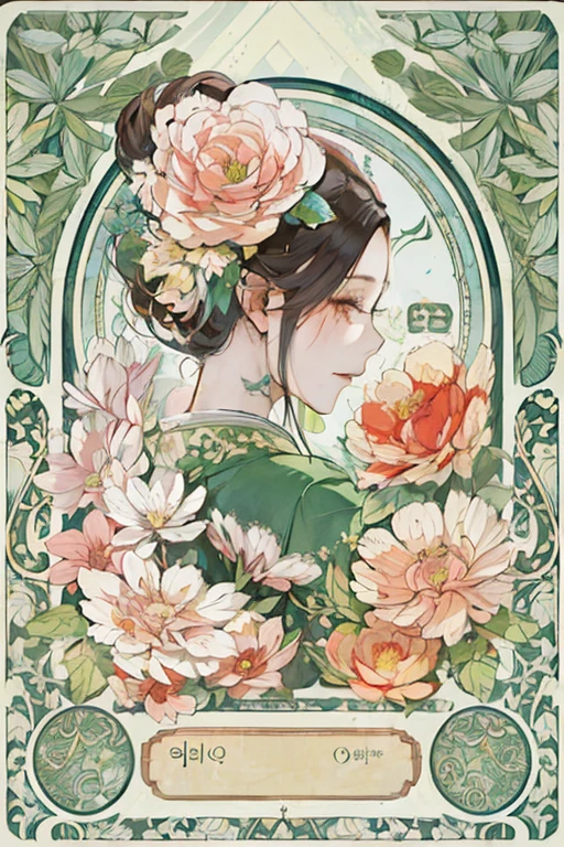 A flower in the hair，The background is a woman with skin care products, Korean Art Nouveau Animation, Oriental Art Nouveau, Alphonse Mucha and Rose Drews, anime art nouveau, Beautiful woman in art nouveau style, flower goddess, fly style 4k, Japanese art style, Beautiful digital illustrations, art deco flower shaman, art nouveau portrait, Chinese art style