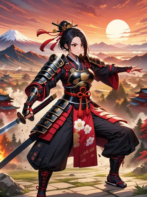 ((Japan Female Samurai)，battlefield，dynamic poses，long sword，armor，burning sky，mountain background，Crazy details，intricate detai...