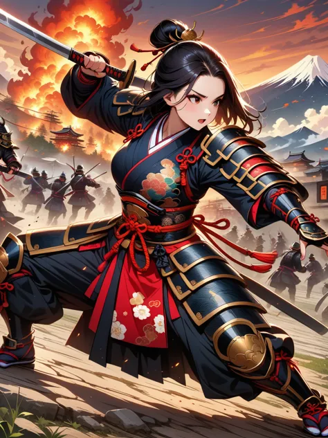 ((Japan Female Samurai)，battlefield，dynamic poses，long sword，armor，burning sky，mountain background，Crazy details，intricate detai...
