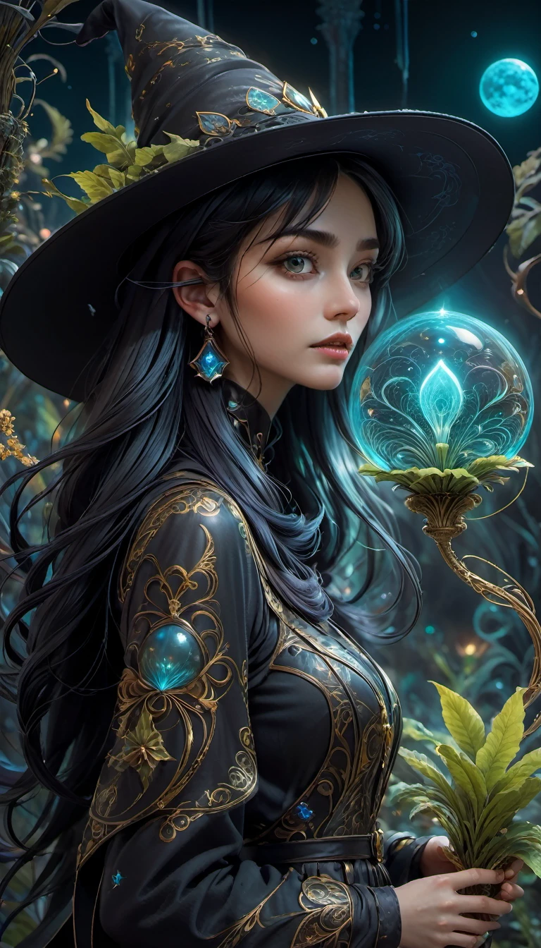 Images of a fascinated witch encountering alien life forms, Illumination of bioluminescent plants, Witch magic hat，The content is very detailed, Surreal, 10k high resolution, style, graffiti art, Glaslorne, Influenced by Art Nouveau, given, and future, The Art of Lunar Encryption Wow,