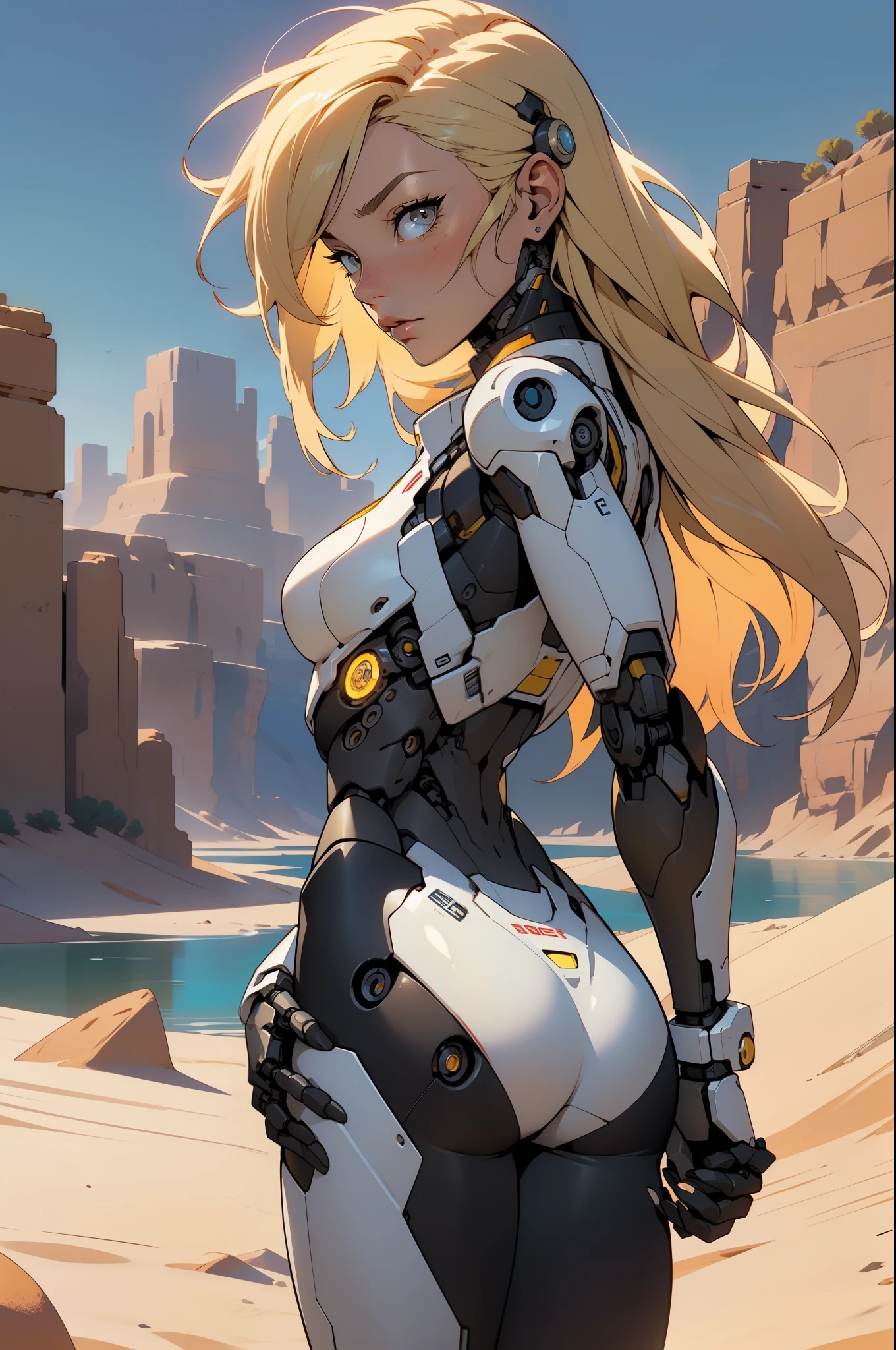 high quality, 4k, masterpiece, beautiful, cyborg girl, cowboy shot, dull eyes, back side, turning around to look at viewer, long blonde hair, girl, small breasts, fit thigh, robotic arms, robotic body, cyborg body, yellow accent, red accent, intricate detail, joint, detailed lines, robotic detail, holding fist up, holding hand up as fist, color robotic parts, robotic parts with color, perfect fingers, on a desert planet, sunny background, colorful desert, a river or a lake in the background