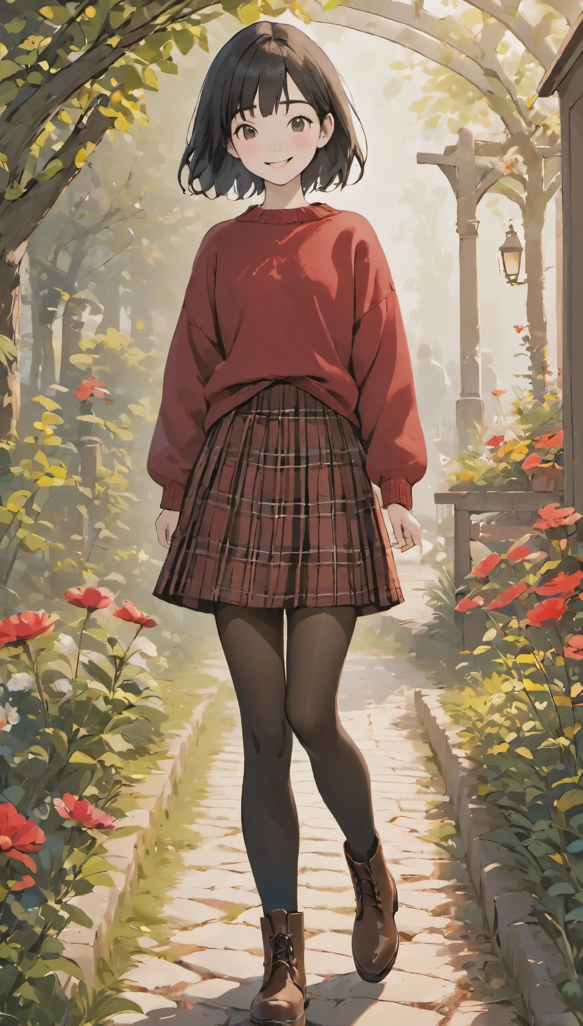 (high quality, High resolution, Super detailed, realistic:1.37), peaceful atmosphere, (outdoor, garden), teenage girl standing alone, , Beautiful detail features, cute smile, (black bob hair), ribbed sweater, red plaid skirt, black tights, brown boots.