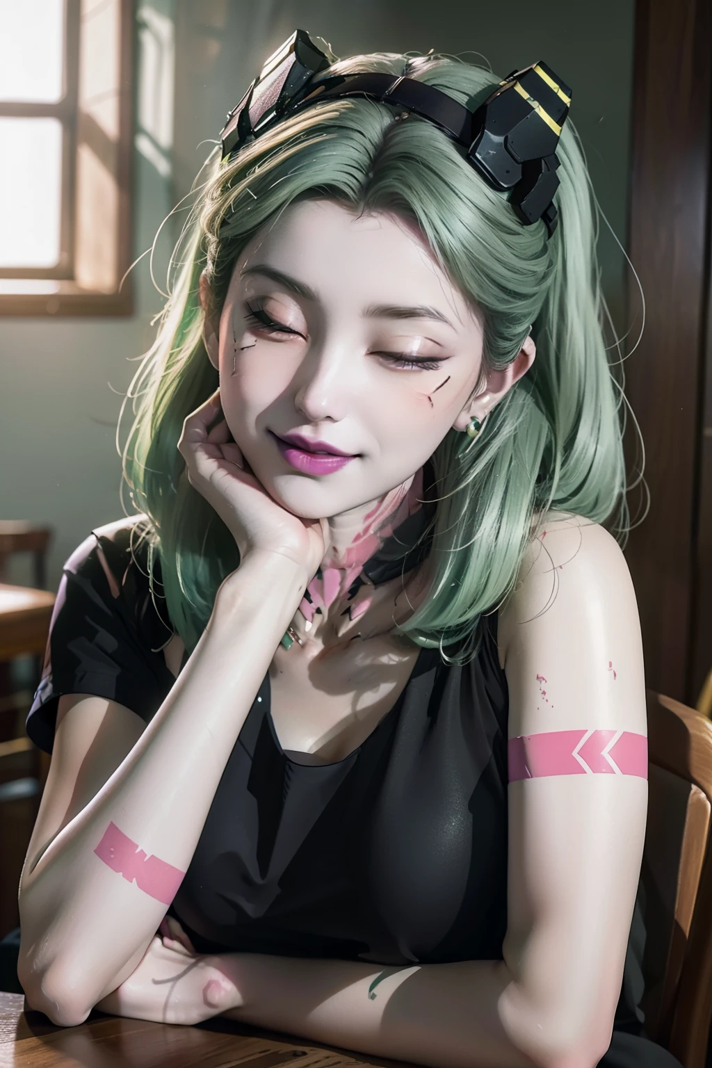Ridiculous, high resolution, Super detailed, Rebecca, Green hair, red sclera, pink tattoo, purple lips, Double tail, Headband, hat, Black T-shirt, :3, Grinning, Arm support, looking at the audience, Put your hands on your cheeks, eyes closed, table, Dining room, Chest，Upper body，Areola，moon，The rocket takes off，cyberpunk，visual lens，A high resolution, photore, lock focus, north african free trade area, face lamp, dynamic lighting, highest details, extremly high detail、ultra - detailed、the detail、Genuine skin、exquisite facial features、prone to negative emotions warming up 
