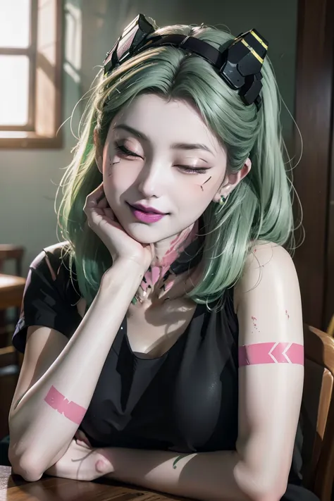 Ridiculous, high resolution, Super detailed, Rebecca, Green hair, red sclera, pink tattoo, purple lips, Double tail, Headband, h...