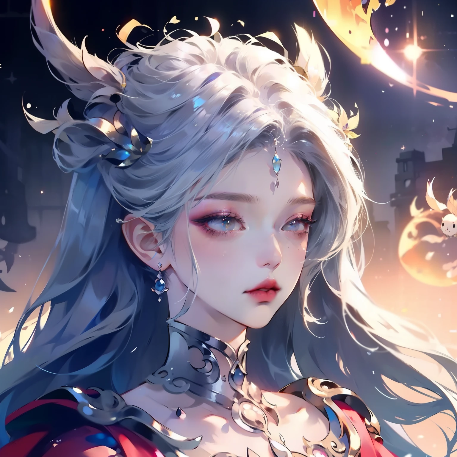 (best quality, masterpiece), 1 girl, beautiful girl, Brown_Eye, ((hair color [Silver hair], [Elf bangs] hair)), earrings, lips, short sleeves,actual, Willow Yao, charming, colorful makeup, long eyelashes, White skin, (Lovely), (Detailed face), detailed Eye, Detailed iris, 