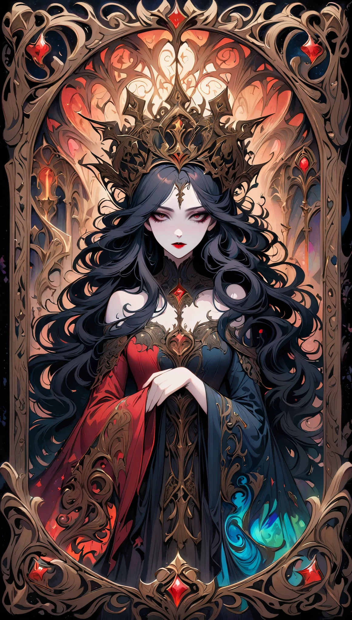 Tarot card: Mad Queen,dark fantasy,hauntingly beautiful,vivid colors,gothic horror,macabre atmosphere,fluid strokes,great attention to detail,fine linework,elaborately designed tarot card with intricate patterns,creepy and mesmerizing,richly textured,dramatic lighting,mysterious aura,distinctive style,exquisite artwork,shadowy background,mystical symbols,emotive expression,captivating gaze,feathered headdress,pale complexion,demonic features,long flowing hair with twisted strands,smoky eye makeup,intriguingly distorted face,dripping blood-red lipstick,ominous creatures lurking in the shadows,ethereal mist adding an otherworldly touch,moody tones enhancing the somber mood,impressive visual impact,foreboding vibe.