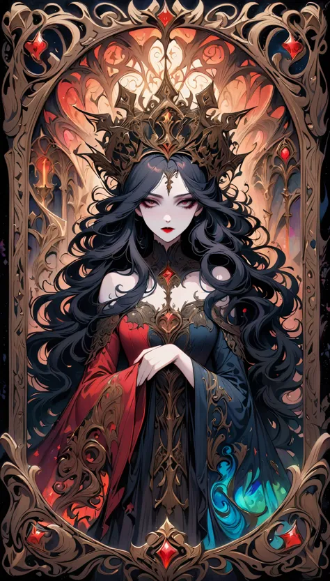 Tarot card: Mad Queen,dark fantasy,hauntingly beautiful,vivid colors,gothic horror,macabre atmosphere,fluid strokes,great attent...