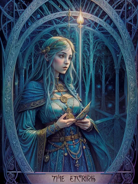 a girl holding tarot cards, mystical atmosphere, vibrant colors, intricate illustrations, detailed card symbols, ethereal lighti...