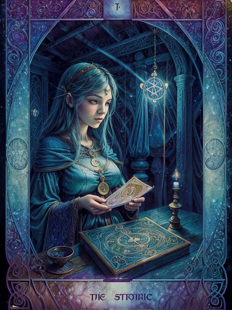 Une fille tenant des cartes de tarot, ambiance mystique, couleurs vives, illustrations complexes, symboles de cartes détaillés, éclairage éthéré, style artistique mystique, divination, éléments surnaturels, toile de fond fantaisiste, aura magique, composition surréaliste, jeu de cartes ancien, décor mystérieux et enchanteur