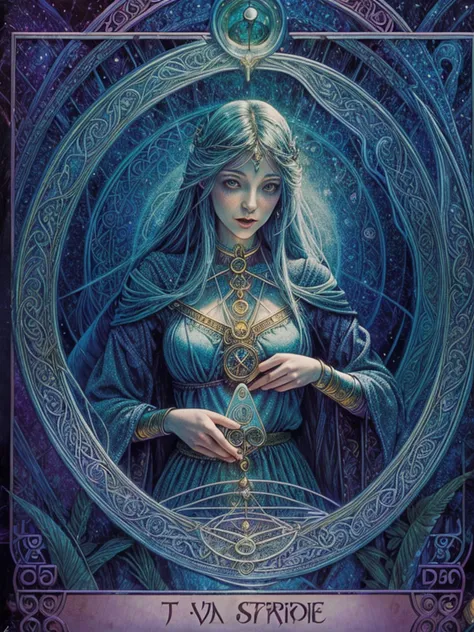 a girl holding tarot cards, mystical atmosphere, vibrant colors, intricate illustrations, detailed card symbols, ethereal lighti...