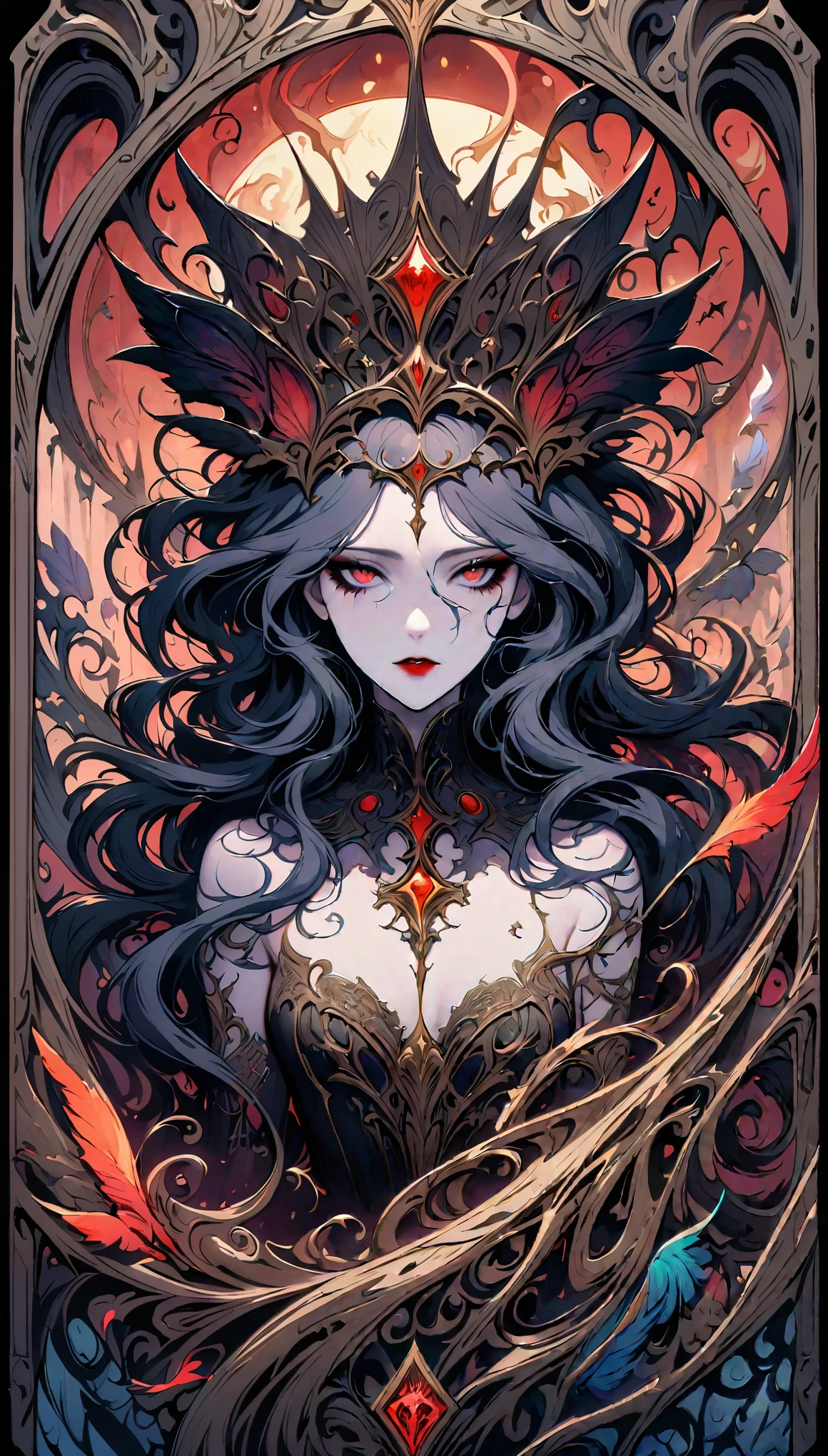 Tarot card: Mad Queen,dark fantasy,hauntingly beautiful,vivid colors,gothic horror,macabre atmosphere,fluid strokes,great attention to detail,fine linework,elaborately designed tarot card with intricate patterns,creepy and mesmerizing,richly textured,dramatic lighting,mysterious aura,distinctive style,exquisite artwork,shadowy background,mystical symbols,emotive expression,captivating gaze,feathered headdress,pale complexion,demonic features,long flowing hair with twisted strands,smoky eye makeup,intriguingly distorted face,dripping blood-red lipstick,ominous creatures lurking in the shadows,ethereal mist adding an otherworldly touch,moody tones enhancing the somber mood,impressive visual impact,foreboding vibe.