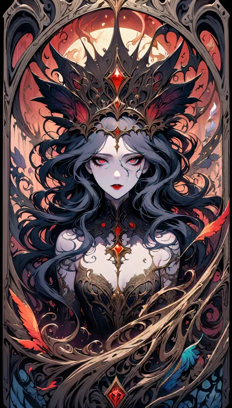 Tarot card: Mad Queen,dark fantasy,hauntingly beautiful,vivid colors,gothic horror,macabre atmosphere,fluid strokes,great attent...