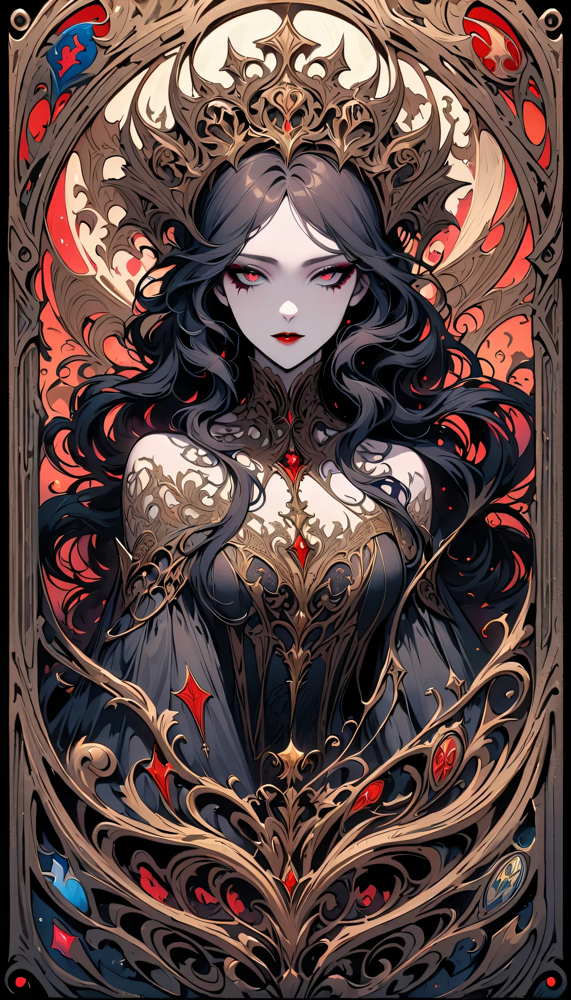 Tarot card: Mad Queen,dark fantasy,hauntingly beautiful,vivid colors,gothic horror,macabre atmosphere,fluid strokes,great attention to detail,fine linework,elaborately designed tarot card with intricate patterns,creepy and mesmerizing,richly textured,dramatic lighting,mysterious aura,distinctive style,exquisite artwork,shadowy background,mystical symbols,emotive expression,captivating gaze,feathered headdress,pale complexion,demonic features,long flowing hair with twisted strands,smoky eye makeup,intriguingly distorted face,dripping blood-red lipstick,ominous creatures lurking in the shadows,ethereal mist adding an otherworldly touch,moody tones enhancing the somber mood,impressive visual impact,foreboding vibe.