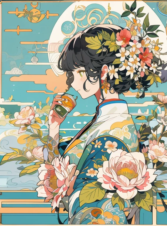 A white edelweiss in her hair，woman with a bottle in the background, A woman framed in a bottle，profile，black hair，The overall color is yellow-green，Korean Art Nouveau Animation, Oriental Art Nouveau, Alphonse Mucha and Rose Drews, anime art nouveau, Beautiful woman in art nouveau style, flower goddess, fly style 4k, Japanese art style, Beautiful digital illustrations, art deco flower shaman, art nouveau portrait, Chinese art style