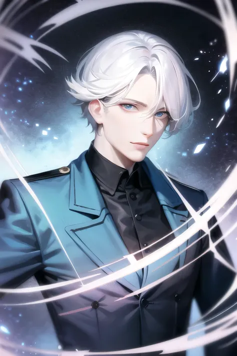 portrait, European face, white man, shoulder-length white hair, tuquoise blue eyes, black pants and blue dress shirt. starry sky...