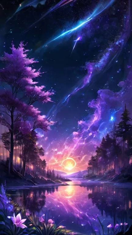 main part, Gorgeous, landscape, (((No_HumaNos))), night, flower, flower園, starry sky, constellation, amazing, vista, water, warm...